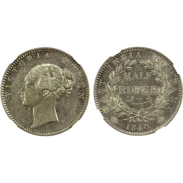 BRITISH INDIA: Victoria, Queen, 1837-1876, AR 1/2 rupee, 1840(m), NGC AU55