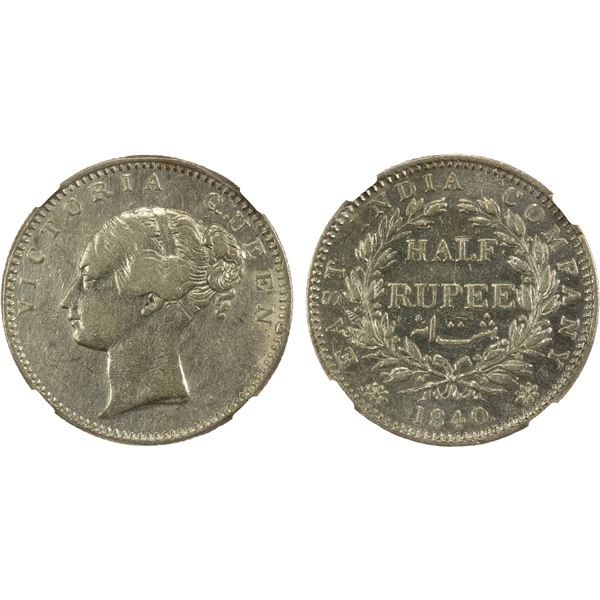 BRITISH INDIA: Victoria, Queen, 1837-1876, AR 1/2 rupee, 1840(m), NGC AU details