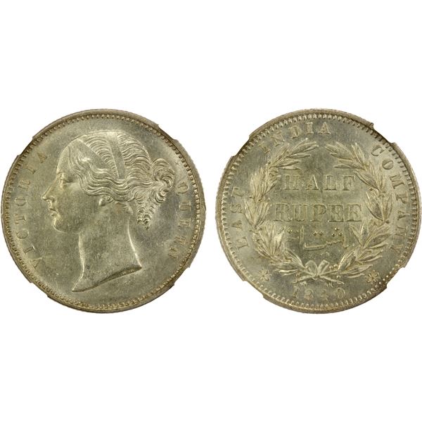 BRITISH INDIA: Victoria, Queen, 1837-1876, AR 1/2 rupee, 1840(b&c), NGC MS61