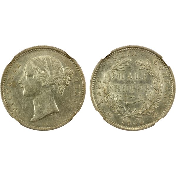BRITISH INDIA: Victoria, Queen, 1837-1876, AR 1/2 rupee, 1840(b&c), NGC AU55