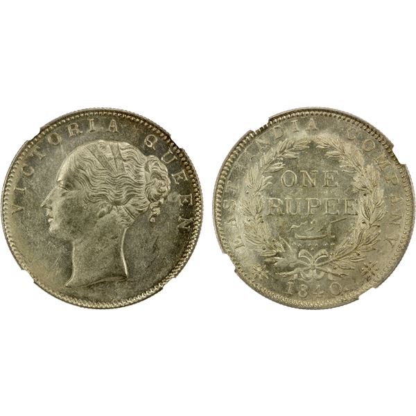 BRITISH INDIA: Victoria, Queen, 1837-1876, AR rupee, 1840(b), NGC MS61