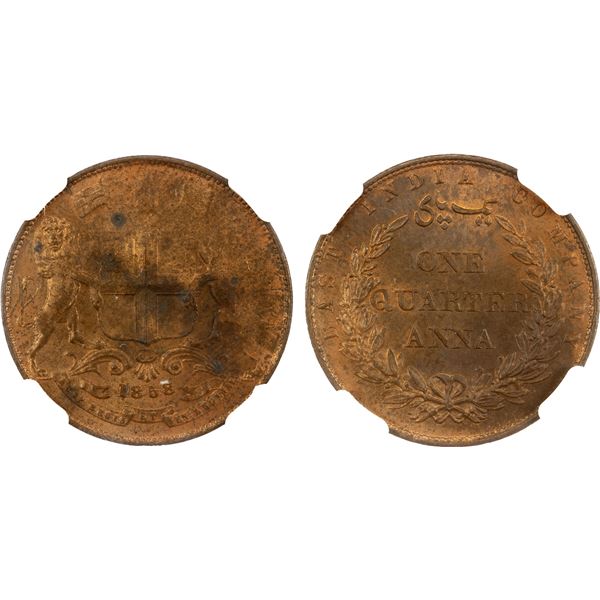 BRITISH INDIA: Victoria, Queen, 1837-1876, AE 1/4 anna, 1858(h), NGC MS63 RB