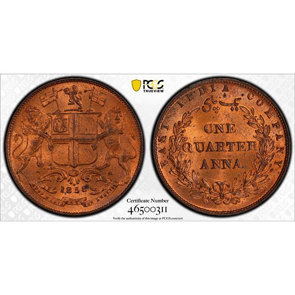 BRITISH INDIA: Victoria, Queen, 1837-1876, AE 1/4 anna, 1858(h), PCGS MS64 RD