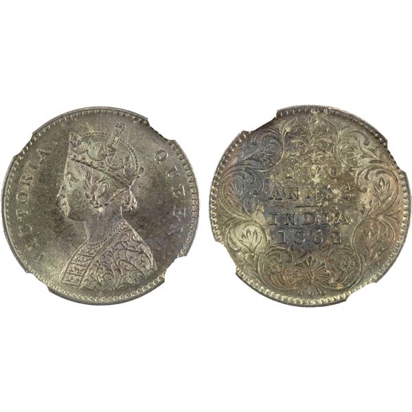 BRITISH INDIA: Victoria, Queen, 1837-1876, AR 2 annas, 1862(c), NGC MS65 +