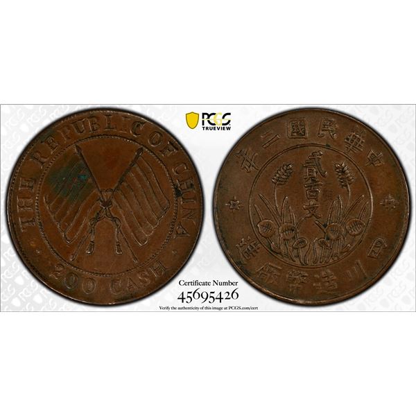SZECHUAN: Republic, AE 200 cash, year 2 (1913), PCGS AU details