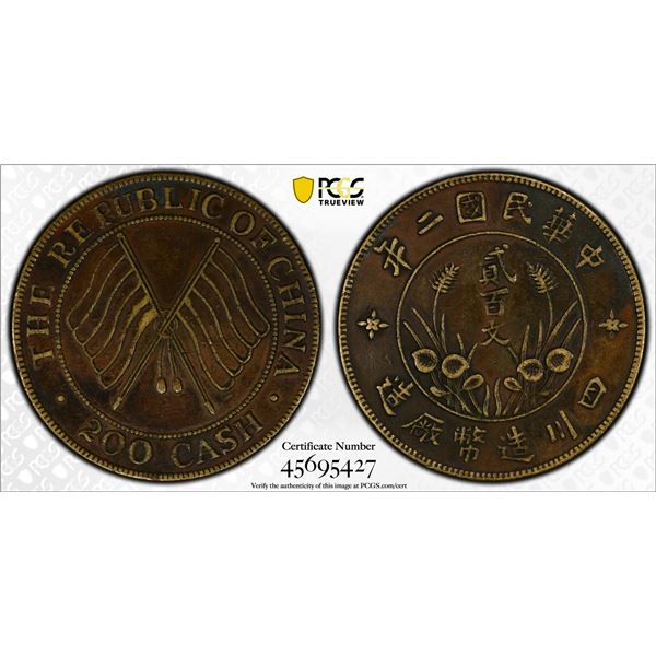 SZECHUAN: Republic, AE 200 cash, year 2 (1913), PCGS XF40