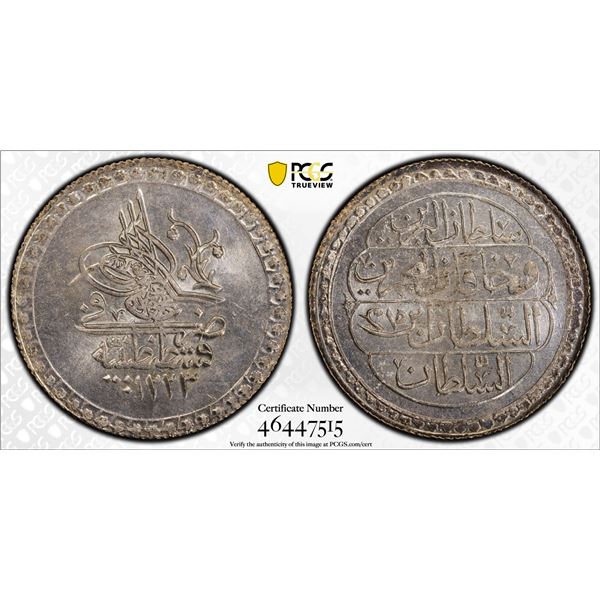 TURKEY: Mahmud II, 1808-1839, AR kurush, Kostantiniye, AH1223 year 15, PCGS MS64