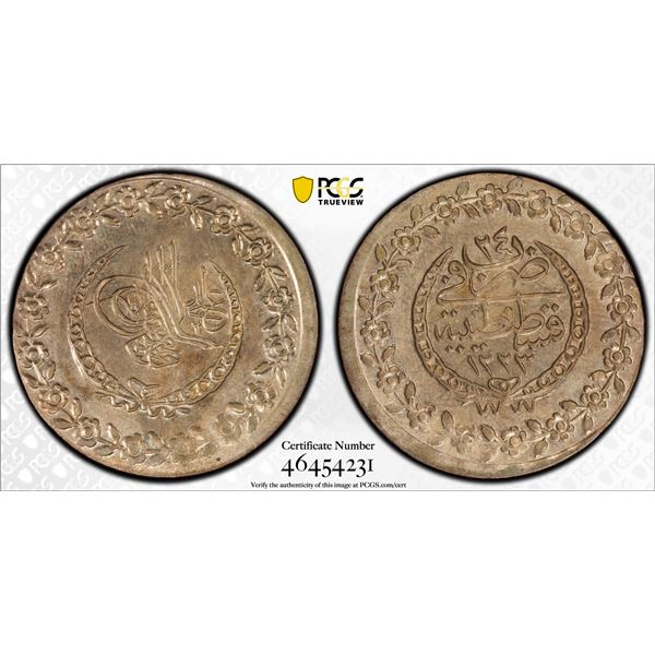 TURKEY: Mahmud II, 1808-1839, AR 100 para, Kostantiniye, AH1223 year 24, PCGS MS63