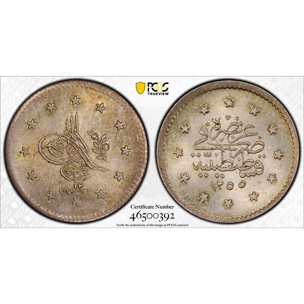 TURKEY: Abdul Mejid, 1839-1861, AR kurush, Kostantiniye, AH1255 year 12, PCGS MS65