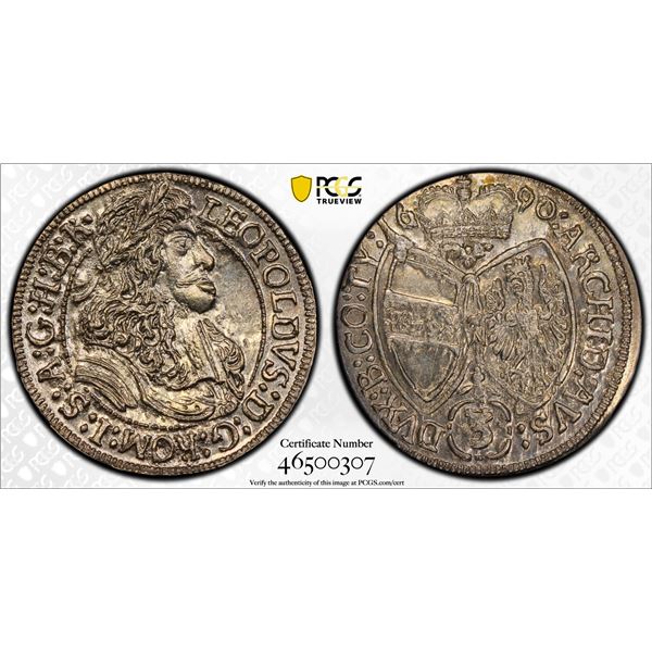 AUSTRIA: Leopold I, 1657-1705, AR 3 kreuzer, Hall, 1690, PCGS MS64