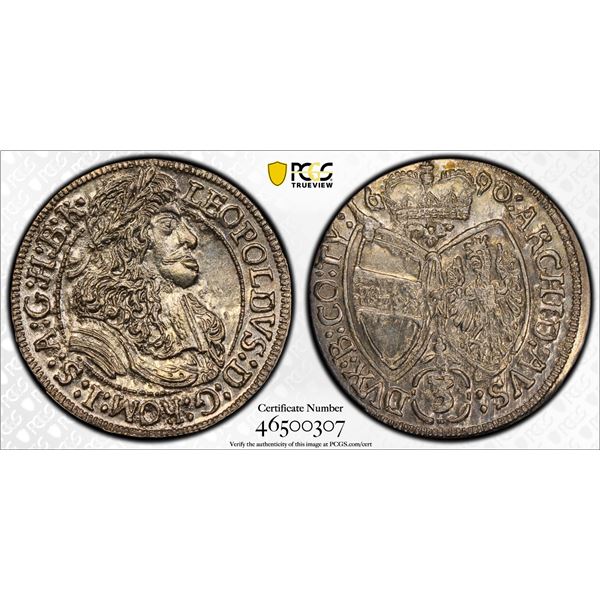 AUSTRIA: Leopold I, 1657-1705, AR 3 kreuzer, Hall, 1690, PCGS MS64