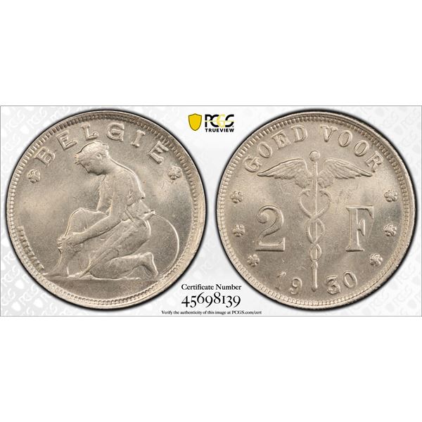 BELGIUM: Albert I, 1909-1934, 2 francs, 1930/20, PCGS MS64