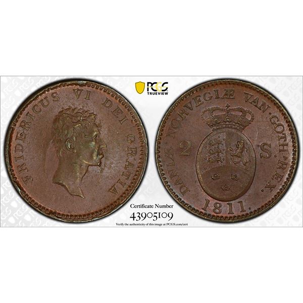 DENMARK: Frederik VI, 1808-1839, AE 2 skliing, 1811, PCGS MS63 BN