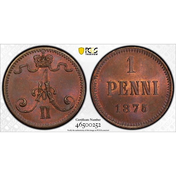 FINLAND: Alexander II, Grand Duke, 1855-1881, AE penni, 1875, PCGS MS64 BN