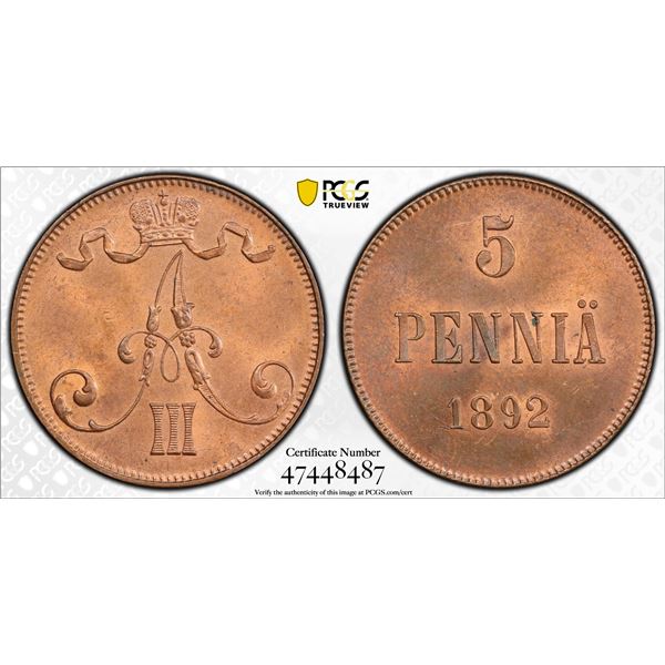 FINLAND: Alexander III, 1881-1894, AE 5 penniä, 1892, PCGS MS63 RB