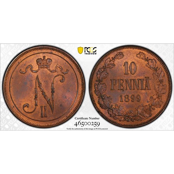 FINLAND: Nicholas II, Grand Duke, 1894-1917, AE pennia, 1899, PCGS MS64 RB