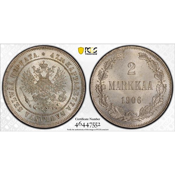 FINLAND: Nicholas II, Grand Duke, 1894-1917, AR 2 markkaa, 1906, PCGS MS64
