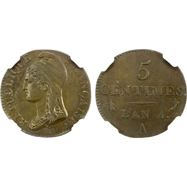 FRANCE: Directory, AE 5 centimes, an 4-A (1795/6), NGC MS63 BN