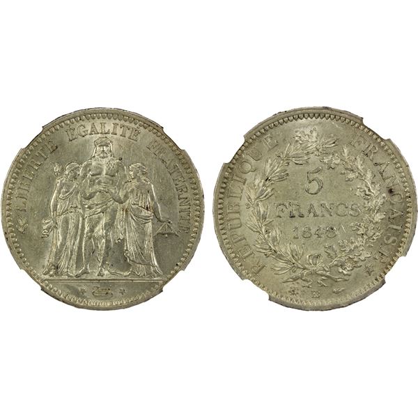 FRANCE: Second Republic, AR 5 francs, 1848-BB, NGC MS61