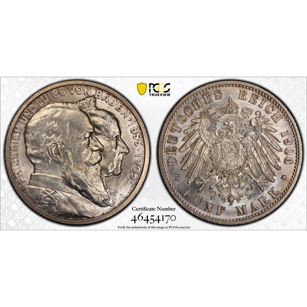 BADEN: Friedrich I, Grand Duke, 1856-1907, AR 5 mark, 1906, PCGS MS64