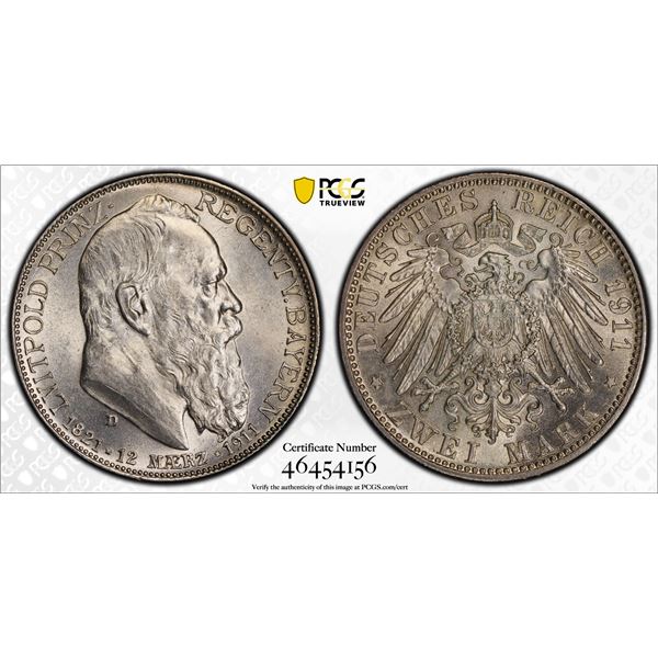 BAVARIA: Otto I, 1886-1913, AR 2 mark, 1911-D, PCGS MS63