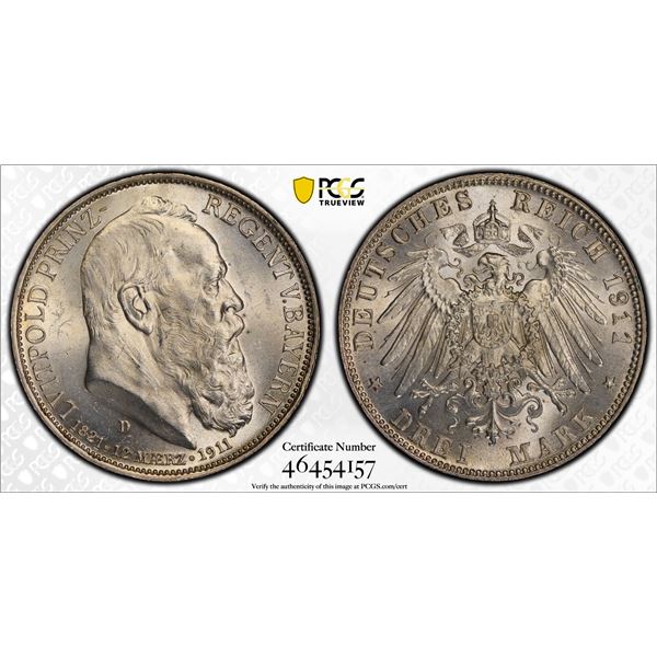 BAVARIA: Otto I, 1886-1913, AR 3 mark, 1911-D, PCGS MS64