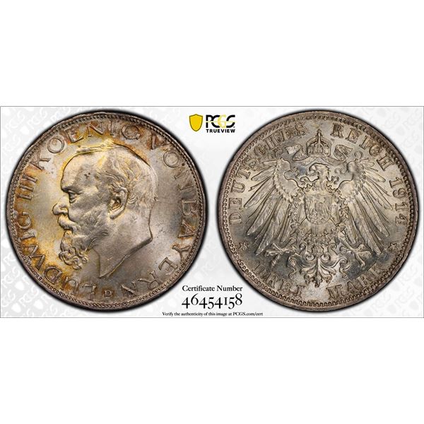 BAVARIA: Ludwig III, 1913-1918, AR 3 mark, 1914-D, PCGS MS65