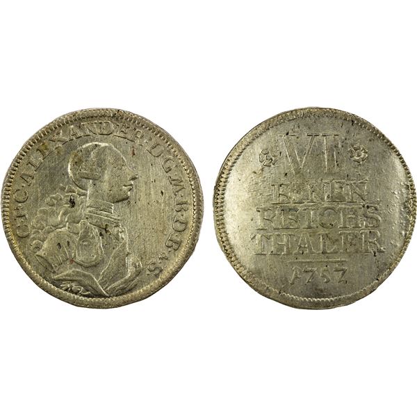 BRANDENBURG-AUGSBACH: Alexander, 1757-1791, AR 1/6 thaler, 1757, AU