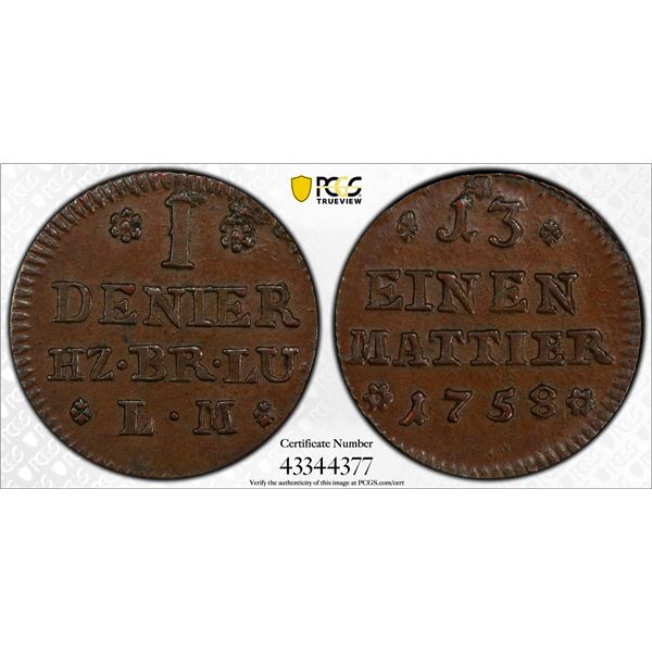 BRUNSWICK-WOLFENBÜTTEL: Karl I, 1735-1780, AE 1/13 mattier (denier), 1758, PCGS MS64 BN