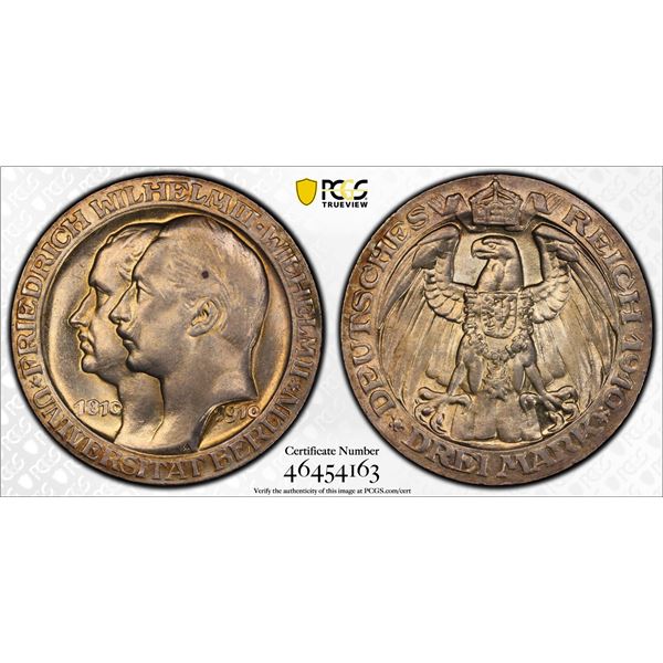 PRUSSIA: Wilhelm II, 1888-1918, AR 3 mark, 1910-A, PCGS MS63