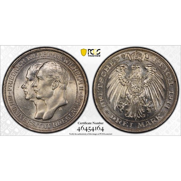 PRUSSIA: Wilhelm II, 1888-1918, AR 3 mark, 1911-A, PCGS MS64