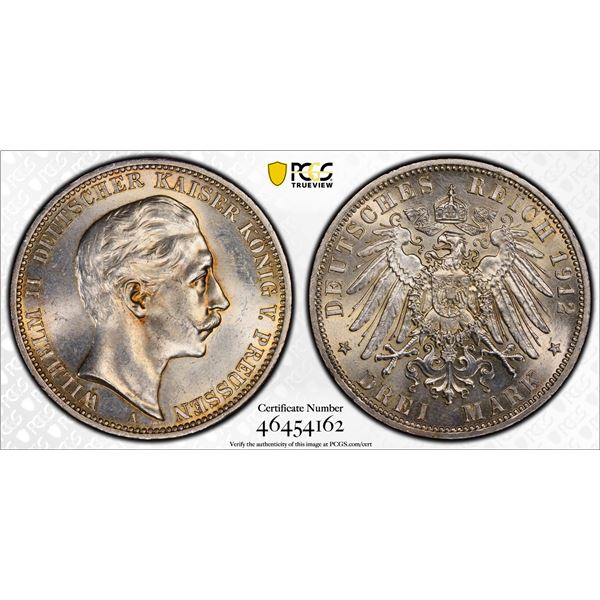 PRUSSIA: Wilhelm II, 1888-1918, AR 3 mark, 1912-A, PCGS MS64