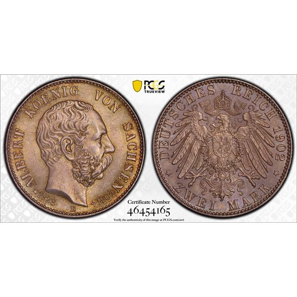 SAXONY: George I, 1902-1904, AR 2 mark, 1902-E, PCGS MS65
