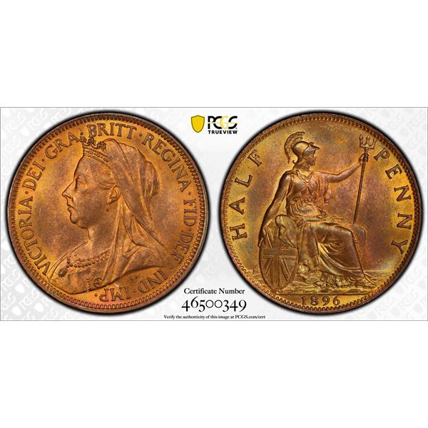 GREAT BRITAIN: Victoria, 1837-1901, AE halfpenny, 1896, PCGS MS65 RB