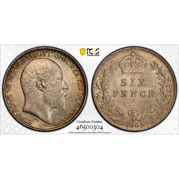 GREAT BRITAIN: Edward VII, 1901-1910, AR sixpence, 1908, PCGS MS63