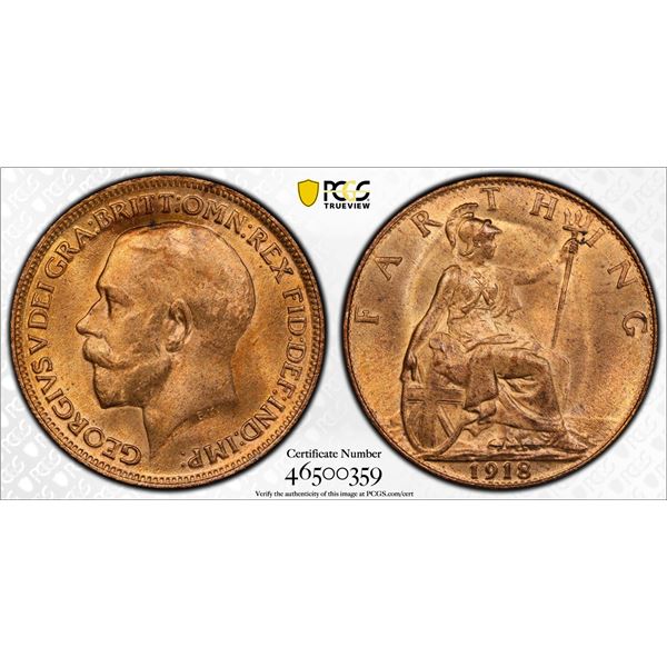 GREAT BRITAIN: George V, 1910-1936, AE farthing, 1918, PCGS MS65 RD