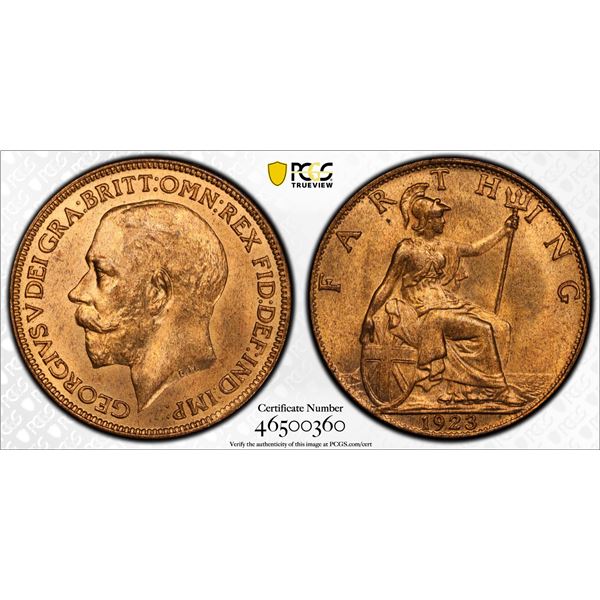 GREAT BRITAIN: George V, 1910-1936, AE farthing, 1923, PCGS MS65 RD