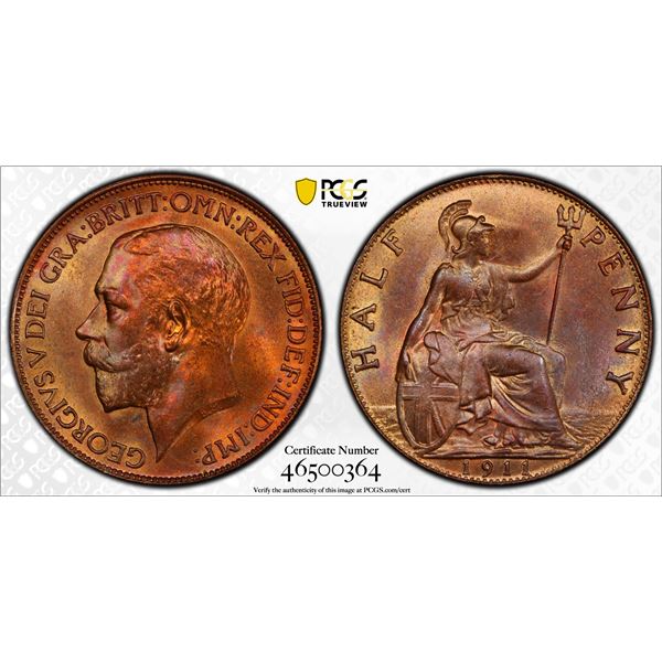 GREAT BRITAIN: George V, 1910-1936, AE halfpenny, 1911, PCGS MS65 RB