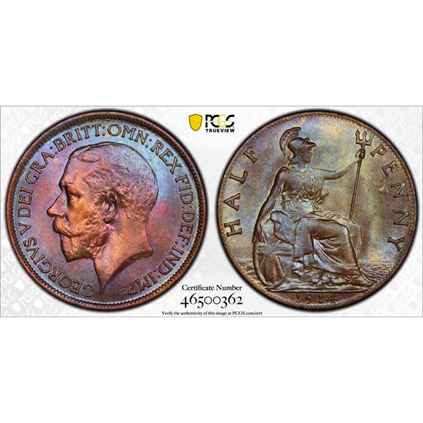 GREAT BRITAIN: George V, 1910-1936, AE halfpenny, 1914, PCGS MS64 BN