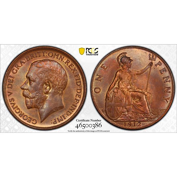 GREAT BRITAIN: George V, 1910-1936, AE penny, 1912, PCGS MS64 BN