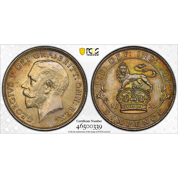 GREAT BRITAIN: George V, 1910-1936, AR sixpence, 1925, PCGS MS64