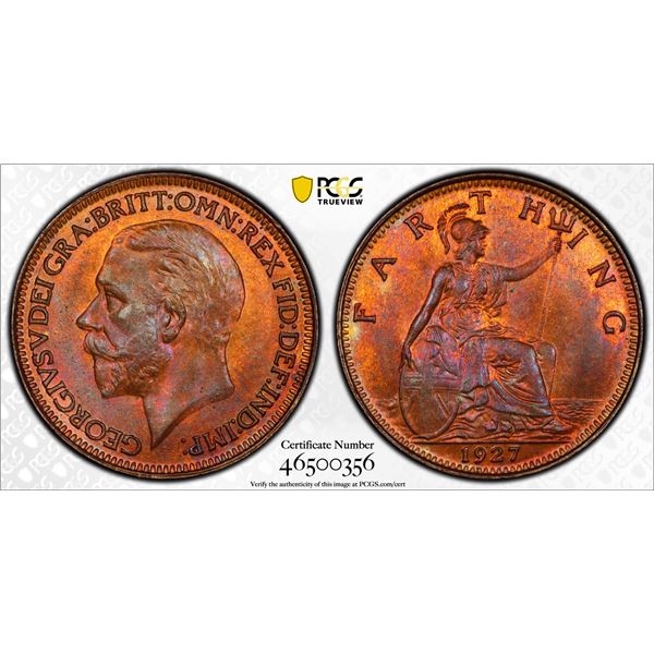 GREAT BRITAIN: George V, 1910-1936, AE farthing, 1927, PCGS MS64 RB