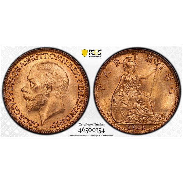 GREAT BRITAIN: George V, 1910-1936, AE farthing, 1928, PCGS MS65 RD