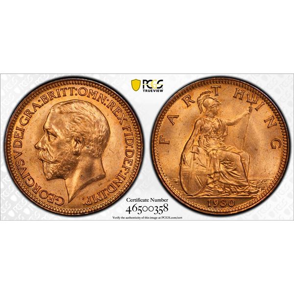 GREAT BRITAIN: George V, 1910-1936, AE farthing, 1930, PCGS MS65 RD