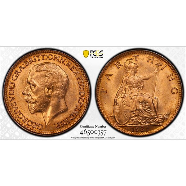 GREAT BRITAIN: George V, 1910-1936, AE farthing, 1931, PCGS MS64 RD