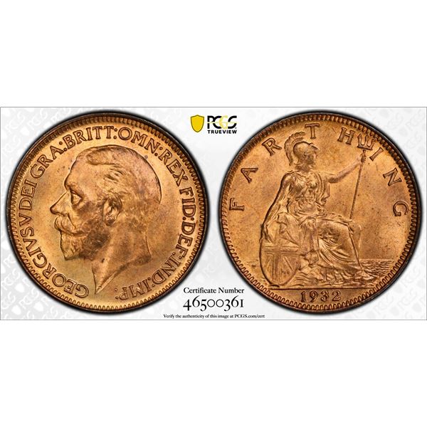 GREAT BRITAIN: George V, 1910-1936, AE farthing, 1932, PCGS MS65 RD