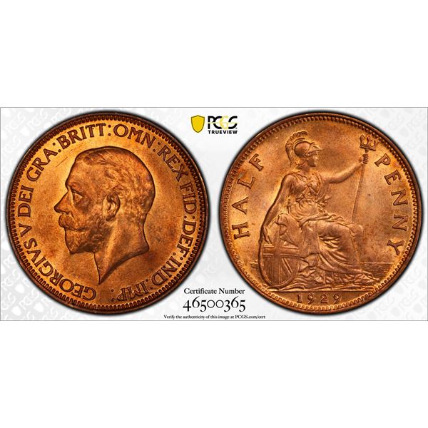 GREAT BRITAIN: George V, 1910-1936, AE halfpenny, 1929, PCGS MS65 RD