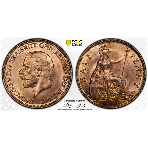 GREAT BRITAIN: George V, 1910-1936, AE halfpenny, 1932, PCGS MS64 RB