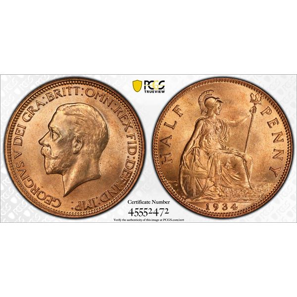 GREAT BRITAIN: George V, 1910-1936, AE halfpenny, 1934, PCGS MS65 RB