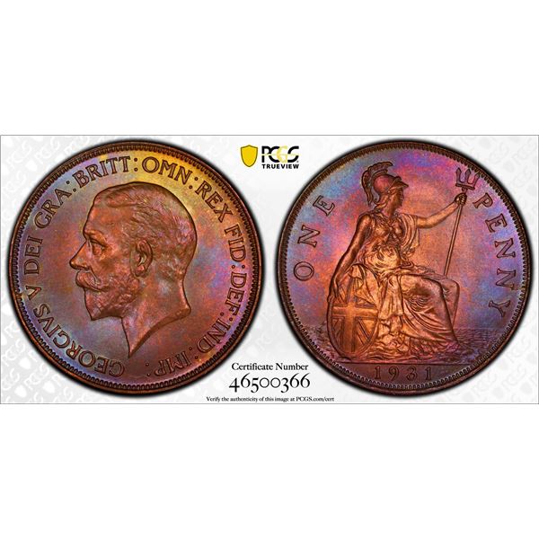 GREAT BRITAIN: George V, 1910-1936, AE halfpenny, 1931, PCGS MS65 RB